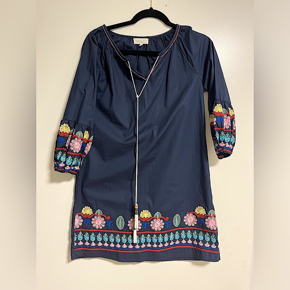 MelloDay Navy Embroidered Split Neck woman Dress extra Small